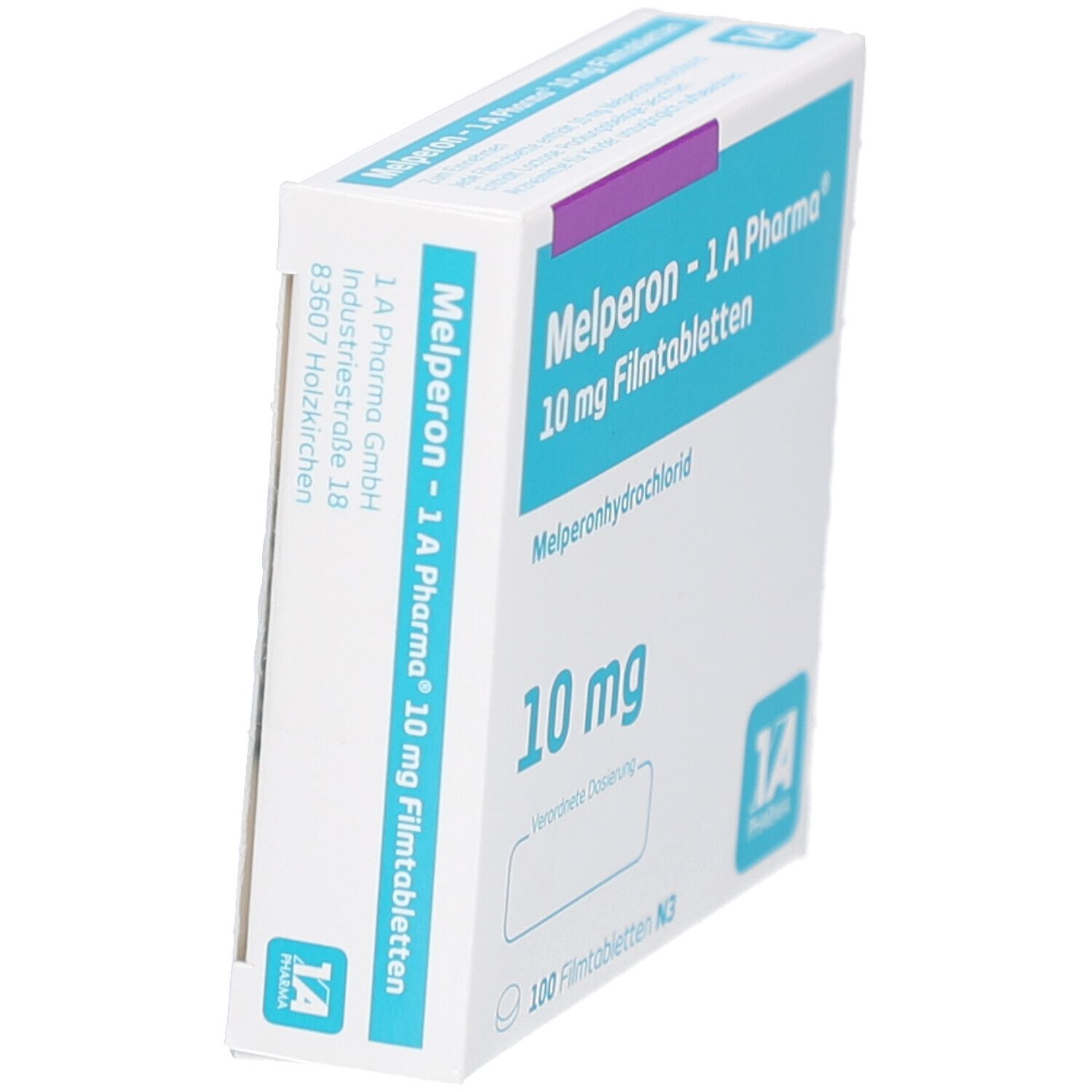 Schachtel "Melperon - 1 A Pharma 10 mg Filmtabletten" in Schrägansicht. Blaue und weiße Verpackung mit Produktinformationen.