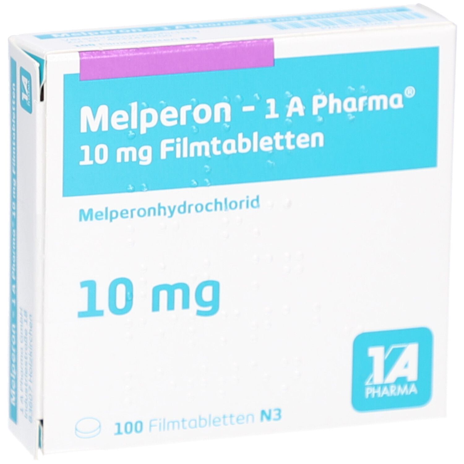 Schachtel mit "Melperon - 1 A Pharma 10 mg Filmtabletten". Blaue und weiße Verpackung mit Produktinformationen und Logo.