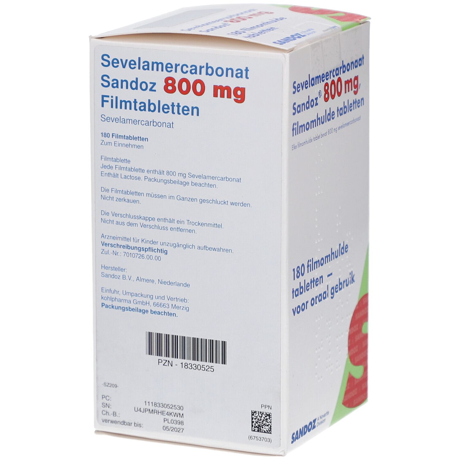 Rückseite der Schachtel mit SEVELAMERCARBONAT SANDOZ 800 mg Filmtabletten. Textinformationen und Barcode. SANDOZ Logo.
