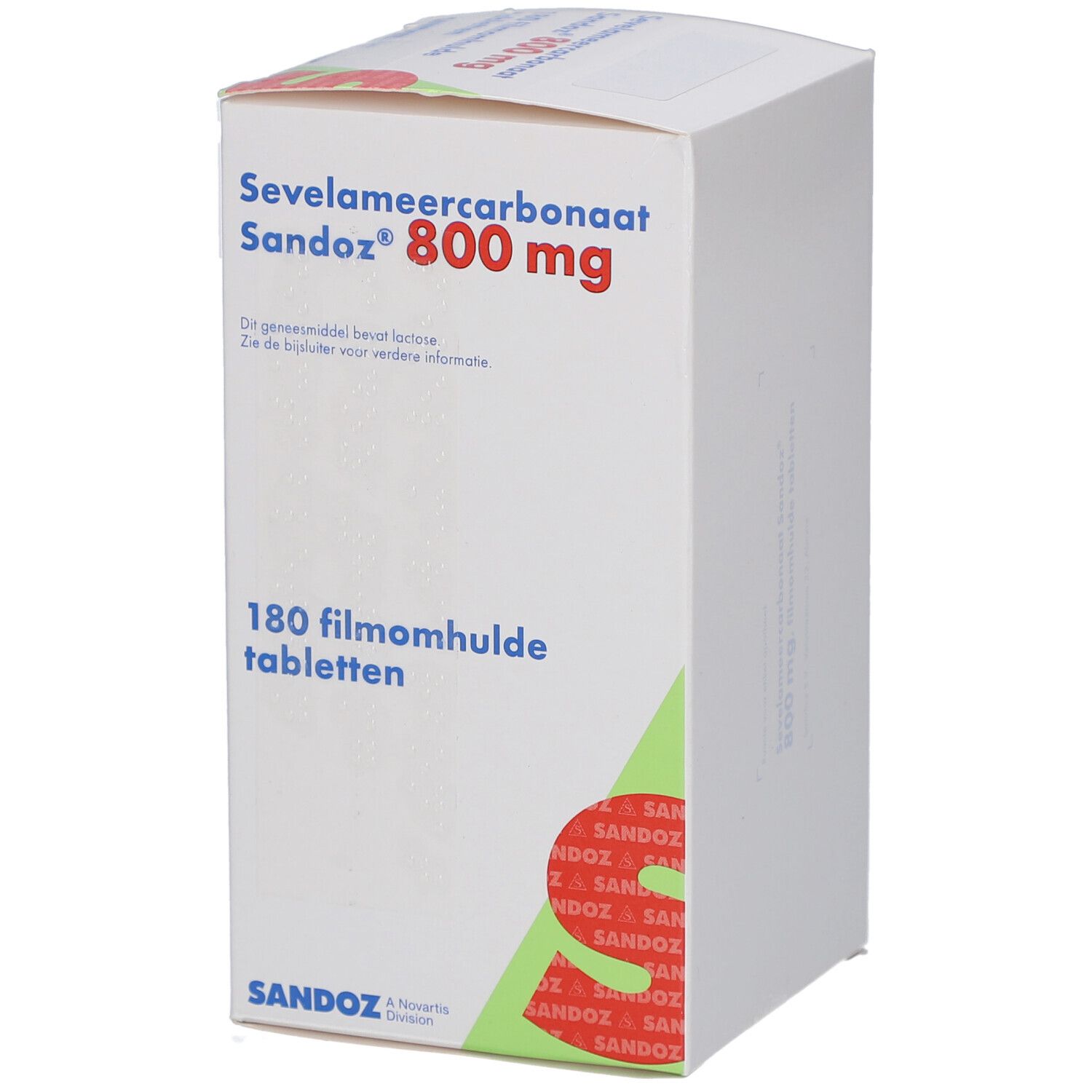 Schachtel mit SEVELAMERCARBONAT SANDOZ 800 mg Filmtabletten. Aufschrift: 180 Filmtabletten. SANDOZ Logo.