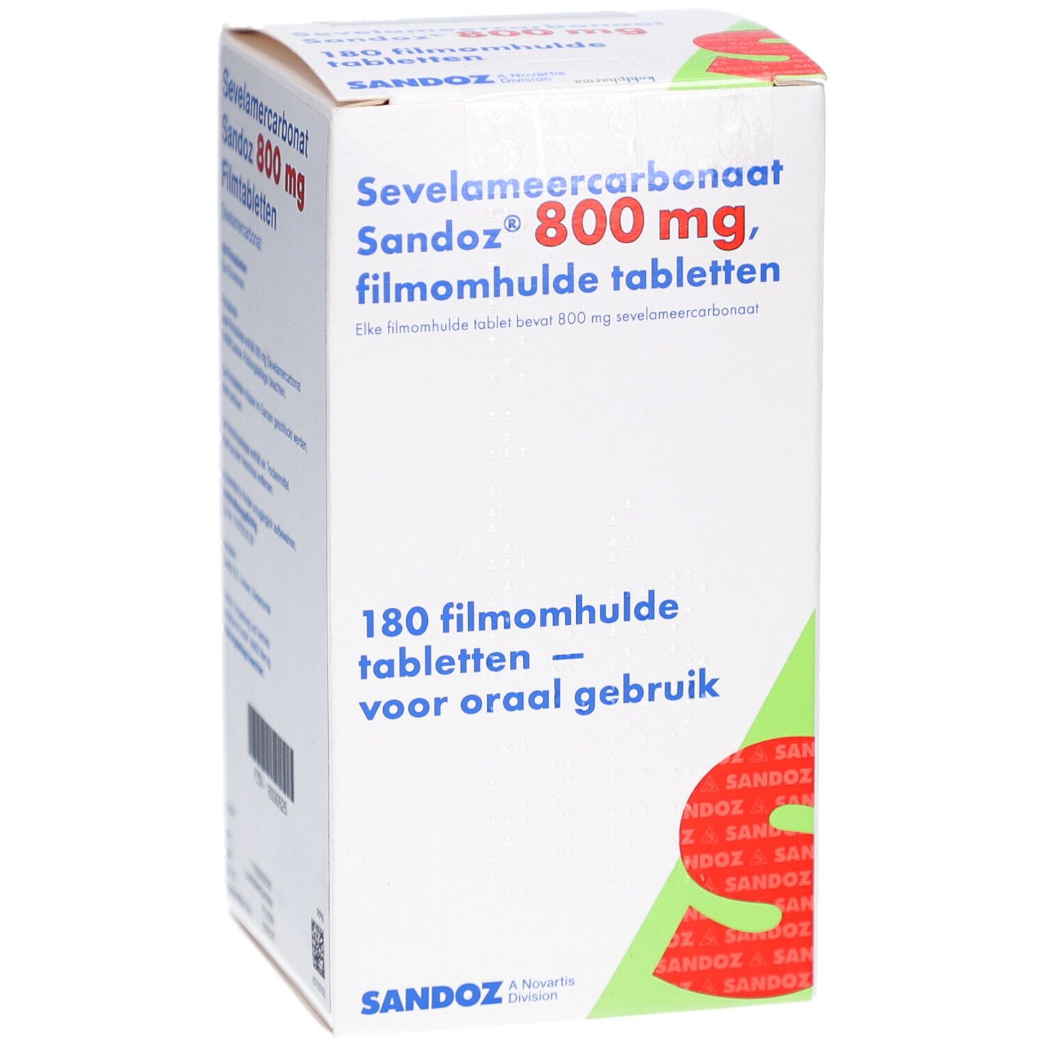 Schachtel mit SEVELAMERCARBONAT SANDOZ 800 mg Filmtabletten. Aufschrift: 180 Filmtabletten. SANDOZ Logo.