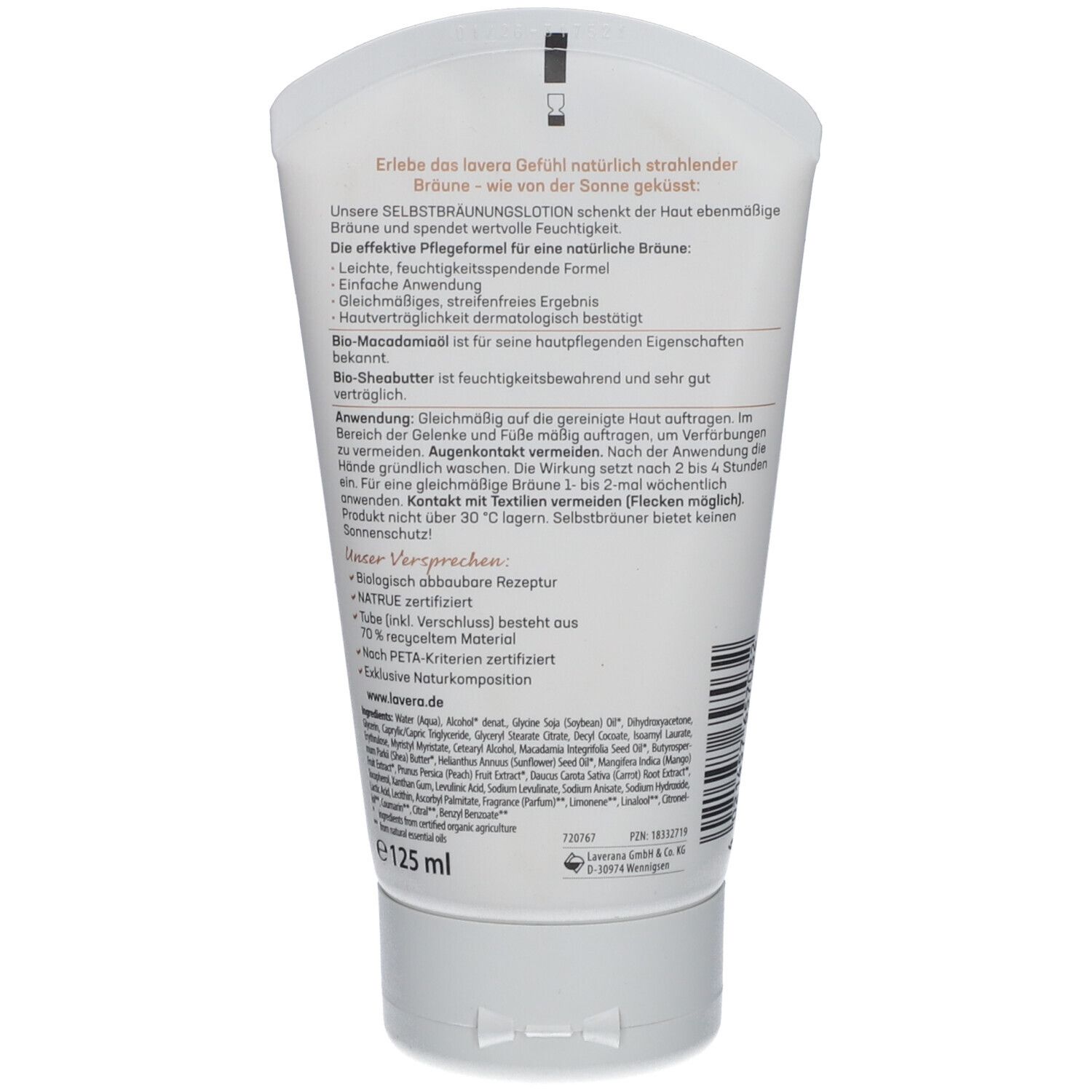 Rückseite einer Tube mit Text. "Lavera"-Logo. Text in Deutsch. Inhaltsangabe. Volumenangabe: 125 ml.