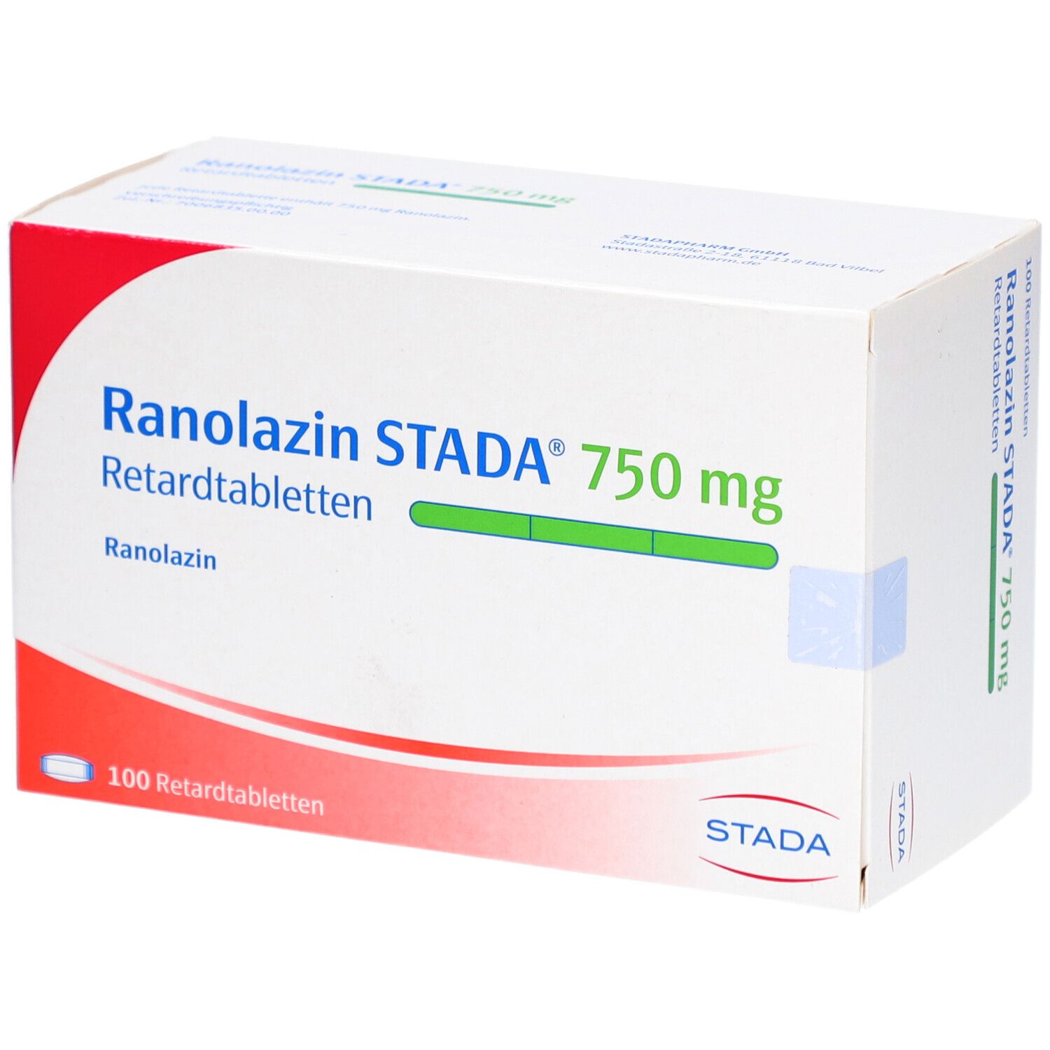 Schachtel mit RANOLAZIN STADA 750 mg Retardtabletten. Aufschrift: 100 Retardtabletten. Logo STADA.
