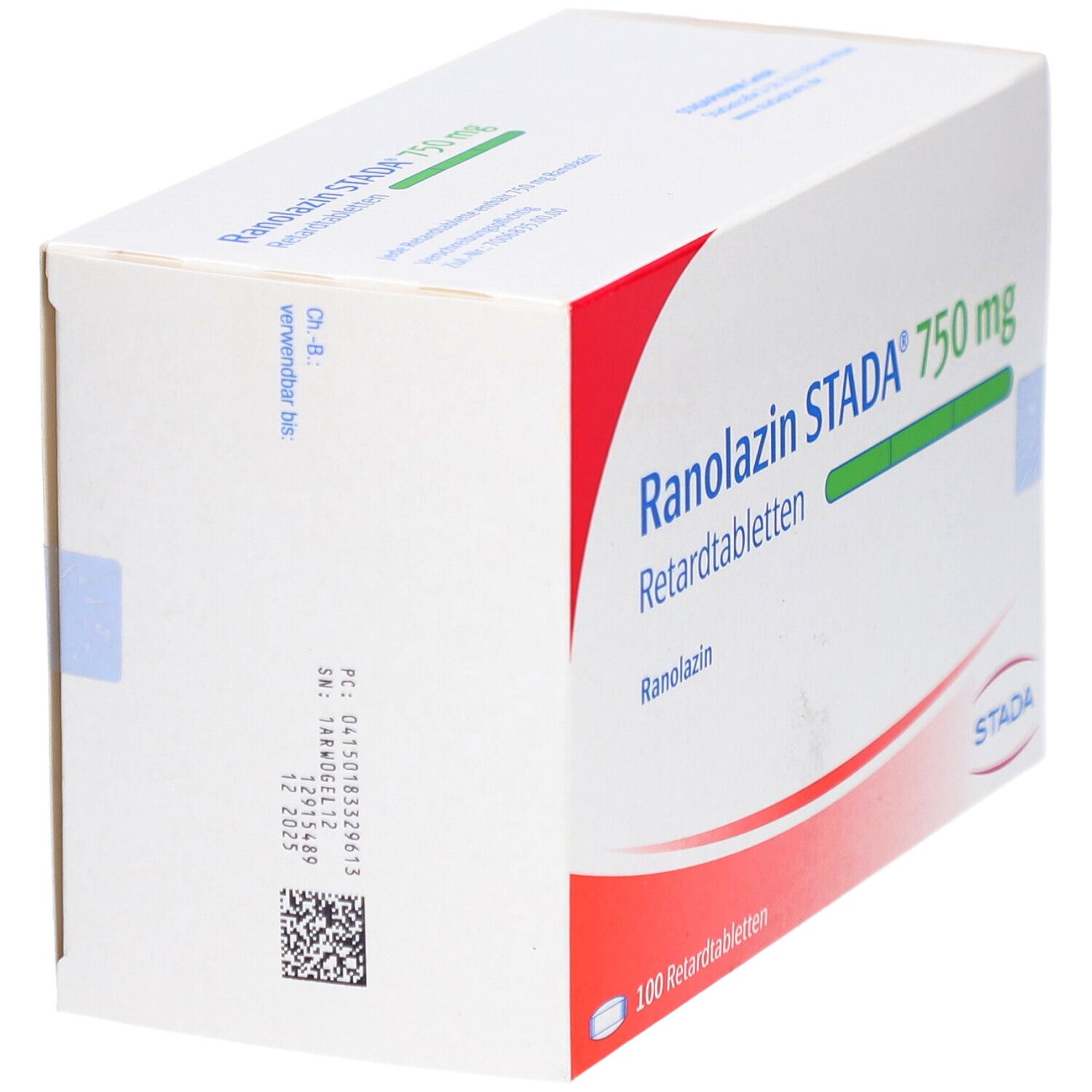 Schachtel mit RANOLAZIN STADA 750 mg Retardtabletten. Aufschrift: 100 Retardtabletten. Logo STADA. Rückseite mit Barcode und Text.