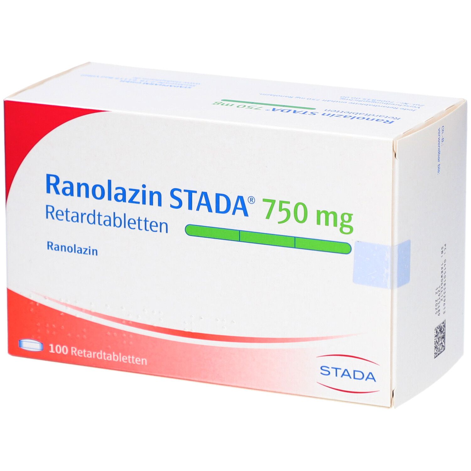 Schachtel mit RANOLAZIN STADA 750 mg Retardtabletten. Aufschrift: 100 Retardtabletten. Logo STADA.