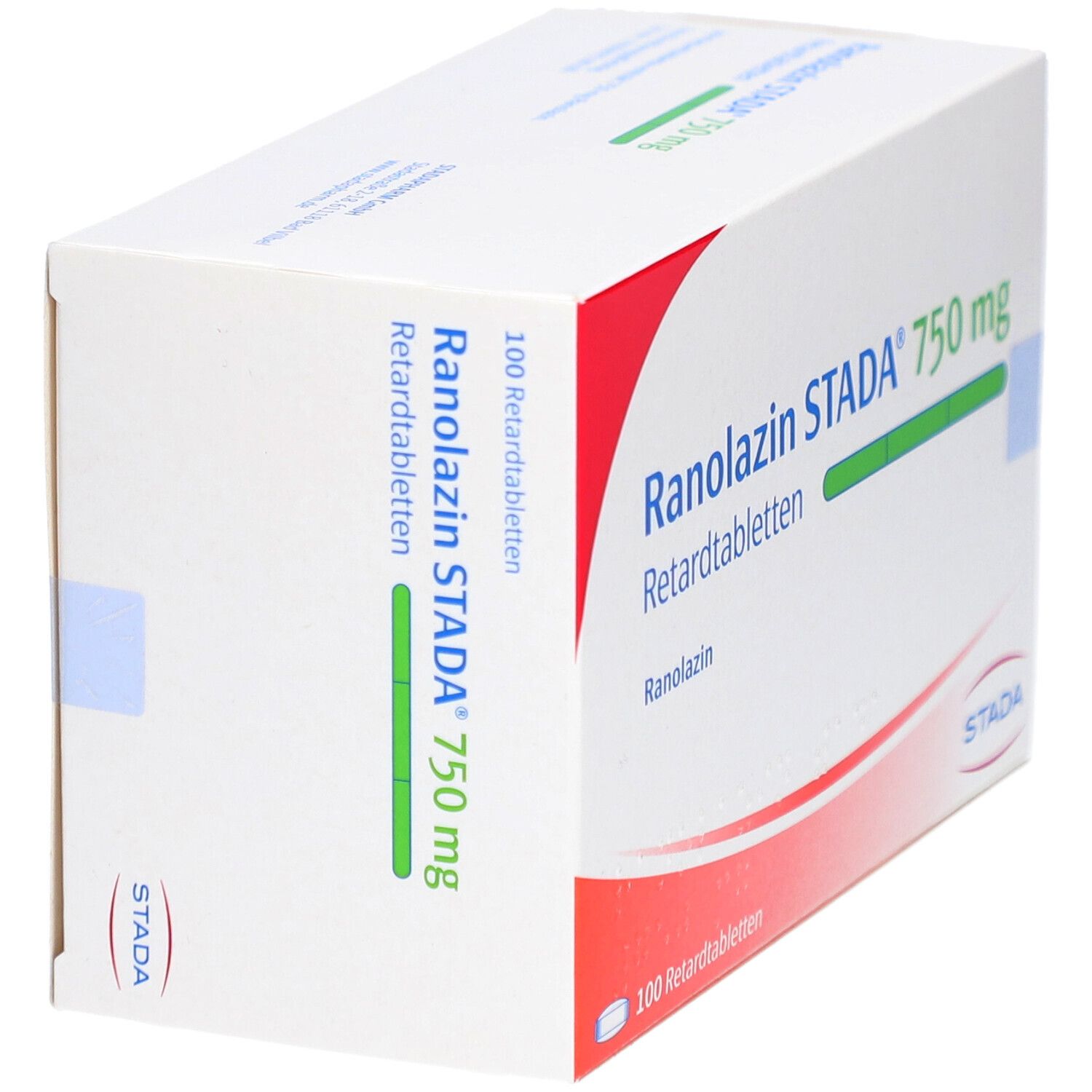 Schachtel mit RANOLAZIN STADA 750 mg Retardtabletten. Aufschrift: 100 Retardtabletten. Logo STADA. Seitenansicht.