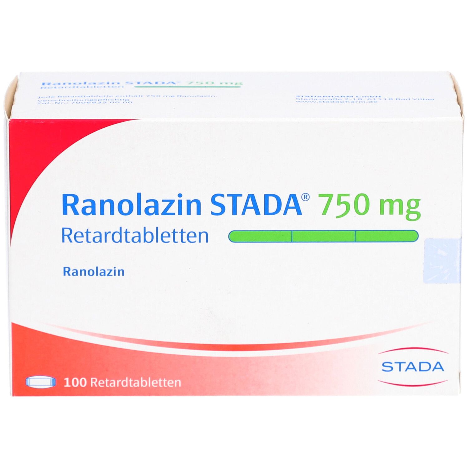 Schachtel mit RANOLAZIN STADA 750 mg Retardtabletten. Aufschrift: 100 Retardtabletten. Logo STADA.
