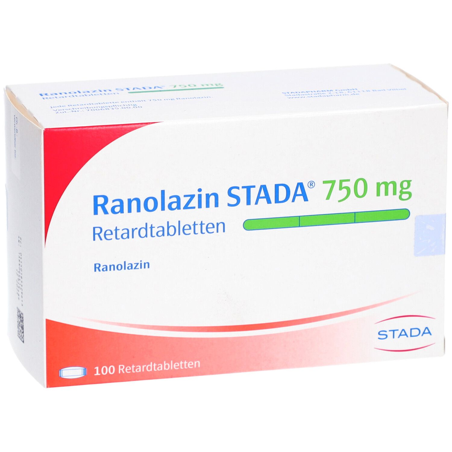 Schachtel mit RANOLAZIN STADA 750 mg Retardtabletten. Aufschrift: 100 Retardtabletten. Logo STADA.