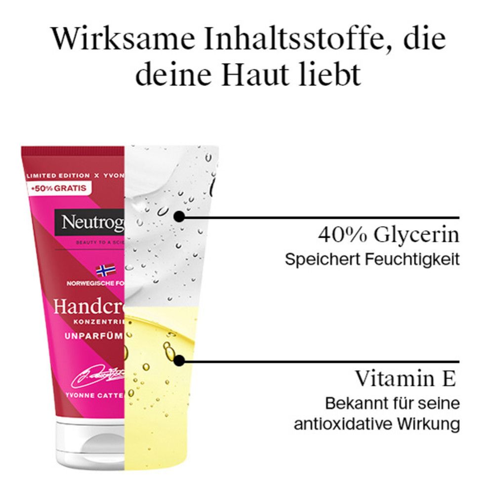 Handcreme-Tube, daneben Diagramm mit Inhaltsstoffen: 40% Glycerin, Vitamin E. Text: Wirkstoffe, die Haut liebt.