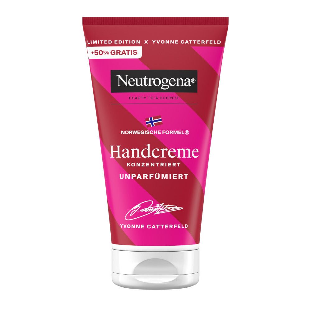 Neutrogena Handcreme, Limited Edition. Rote und pinke Verpackung. Yvonne Catterfeld.