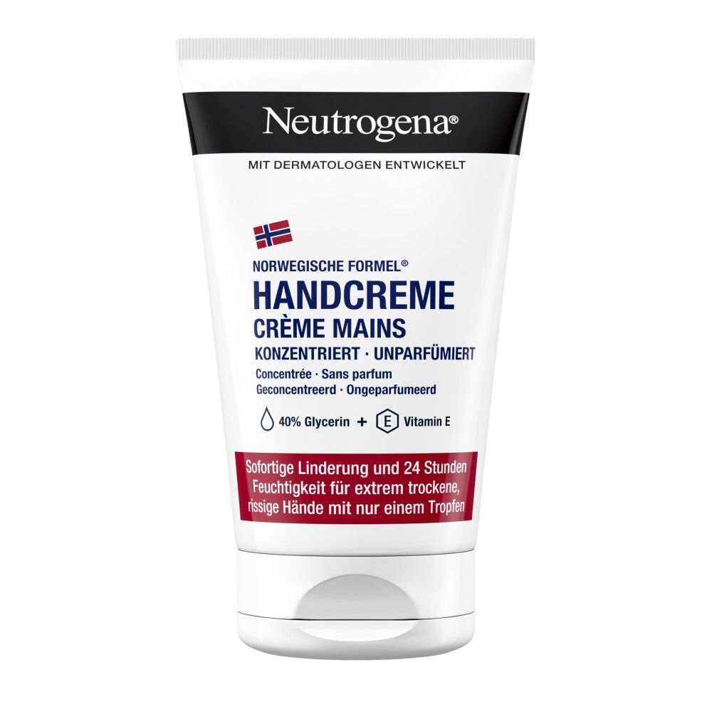 Neutrogena Handcreme Tube. Weiße Tube mit schwarzem Deckel und rotem Streifen. Norwegische Formel, unparfümiert. 50ml.