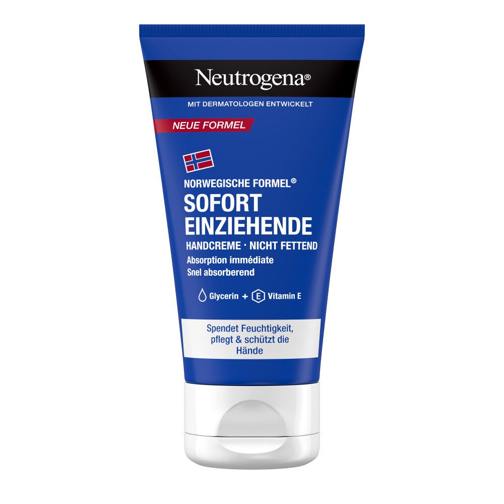 Blaue Tube Handcreme. Text: Neutrogena, Sofort einziehende Handcreme, Glycerin + Vitamin E.
