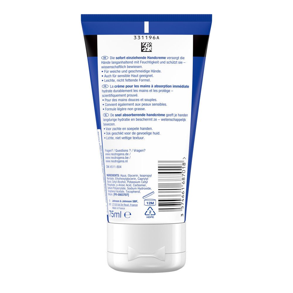 Rückseite der Handcreme-Tube. Text: Inhaltsstoffe, Anwendungshinweise, Kontaktinformationen.