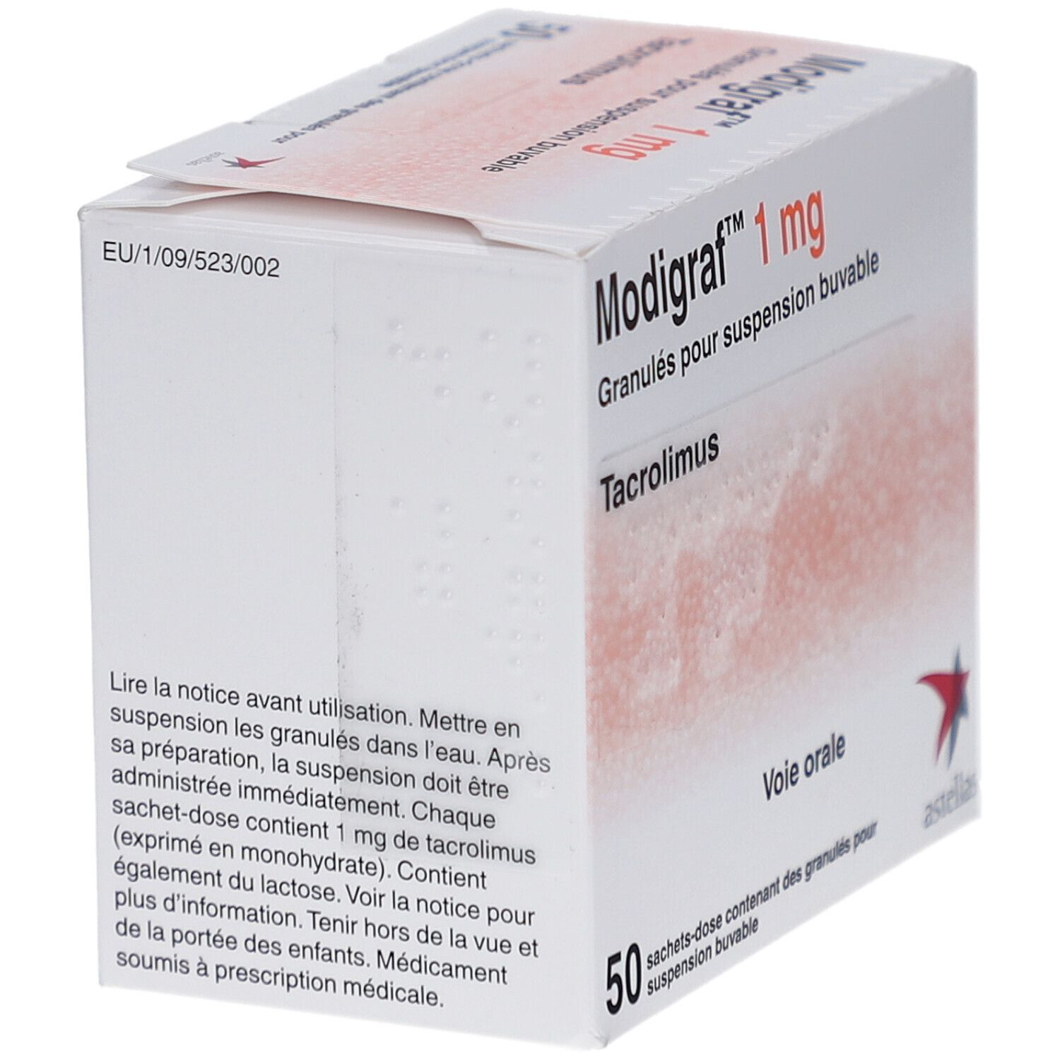 Modigraf 1 mg Packung, Granulat zur Herstellung einer Suspension. Enthält Tacrolimus. 50 Beutel. Text und EU-Kennzeichnung.