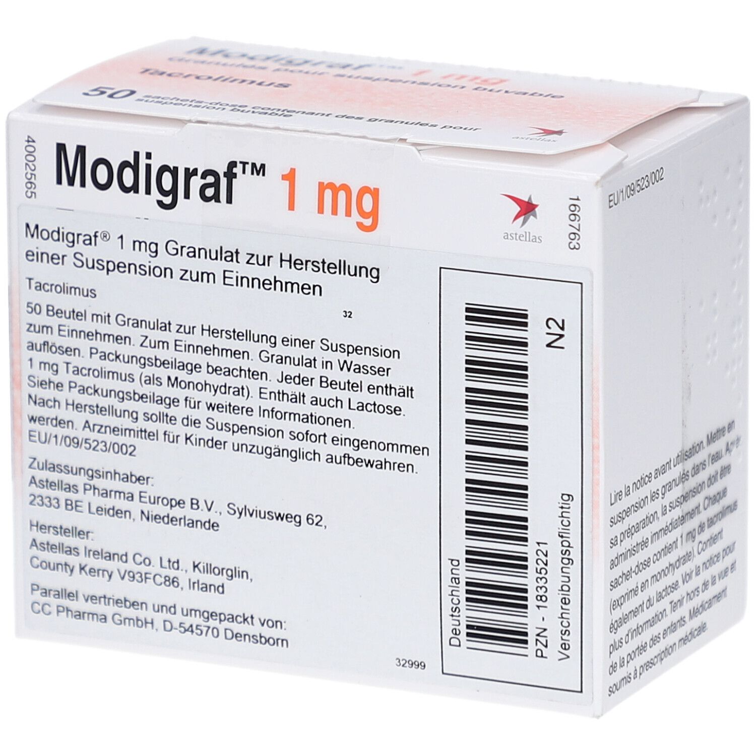Modigraf 1 mg Packung, Granulat zur Herstellung einer Suspension. 50 Beutel. Enthält Tacrolimus. Text und PZN-Nummer.