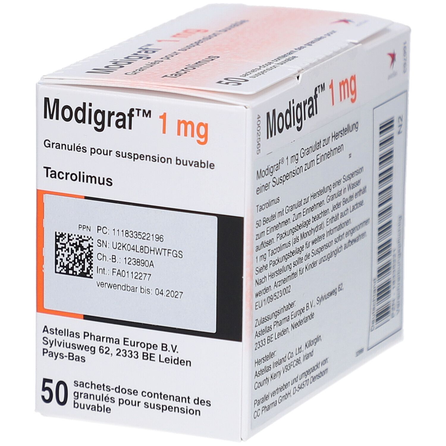 Modigraf 1 mg Packung, Granulat zur Herstellung einer Suspension. 50 Beutel. Enthält Tacrolimus. Text und Chargennummer.