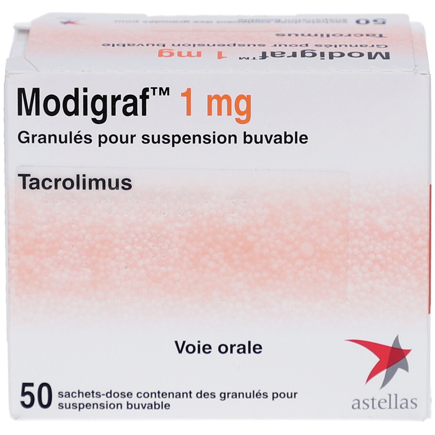 Modigraf 1 mg Packung, Granulat zur Herstellung einer Suspension. 50 Beutel. Enthält Tacrolimus. Astellas Logo.