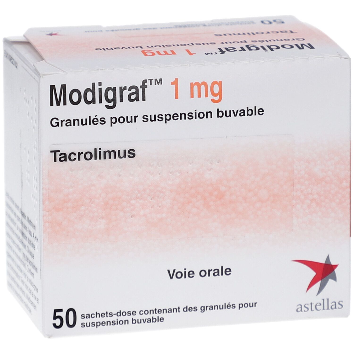 Modigraf 1 mg Packung, Granulat zur Herstellung einer Suspension. 50 Beutel. Enthält Tacrolimus. Astellas Logo.