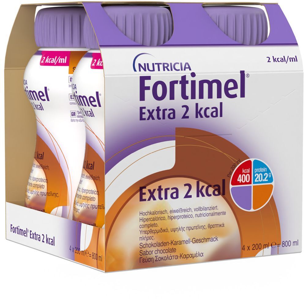 Fortimel Trinknahrung Schoko-Karamell Extra 2 kcal | Pack mit 8 Flaschen zu je 200ml | Hochkalorisch und eiweißreich