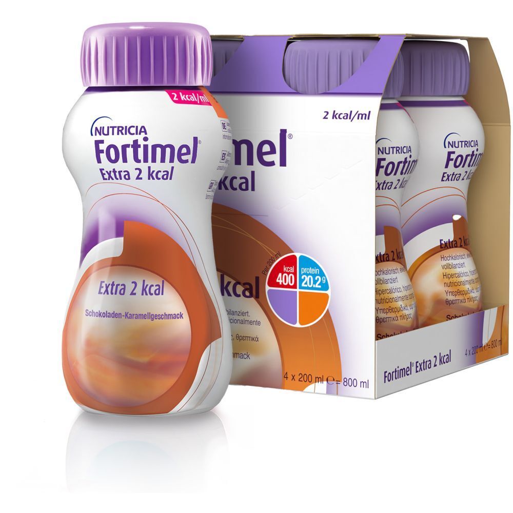 Fortimel Trinknahrung Schoko-Karamell Extra 2 kcal | Pack mit 8 Flaschen zu je 200ml | Hochkalorisch und eiweißreich