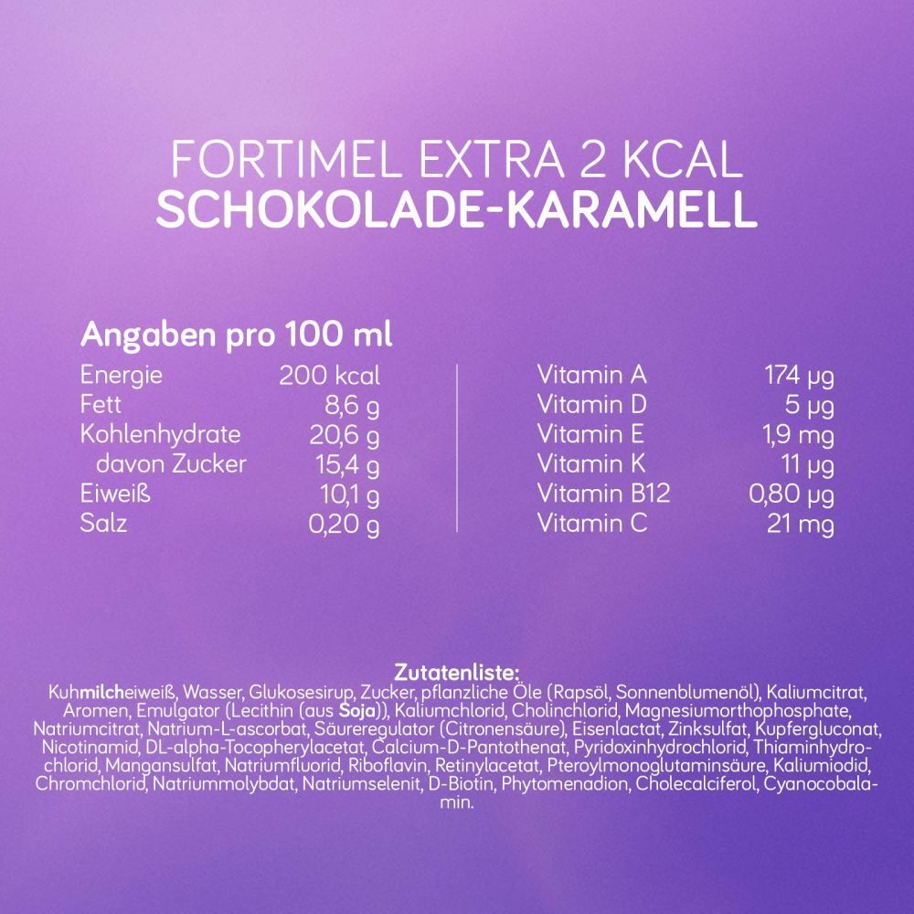 Fortimel Trinknahrung Schoko-Karamell Extra 2 kcal | Pack mit 8 Flaschen zu je 200ml | Hochkalorisch und eiweißreich