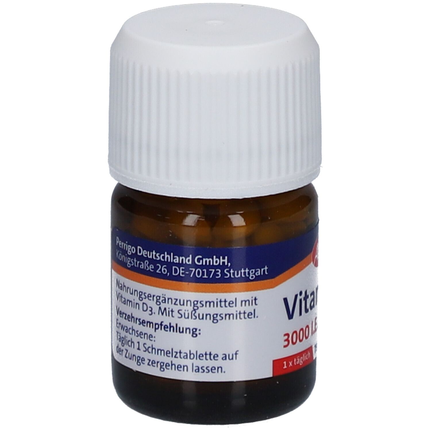 Braune Glasflasche mit weißem Deckel. Etikett mit Text und "Vitamin D3 3000 I.E.".