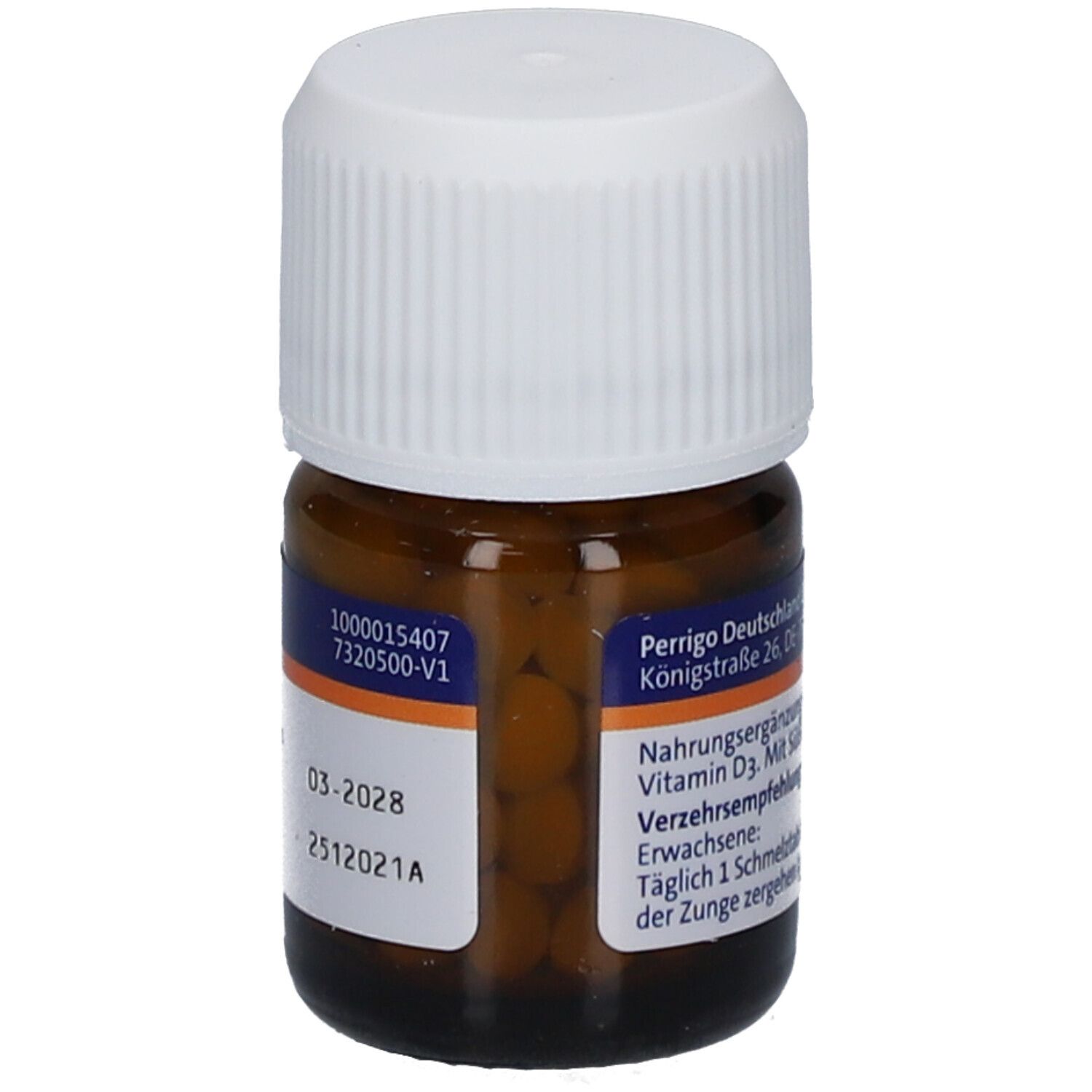 Braune Glasflasche mit weißem Deckel. Rückseite mit Text und Chargennummer.