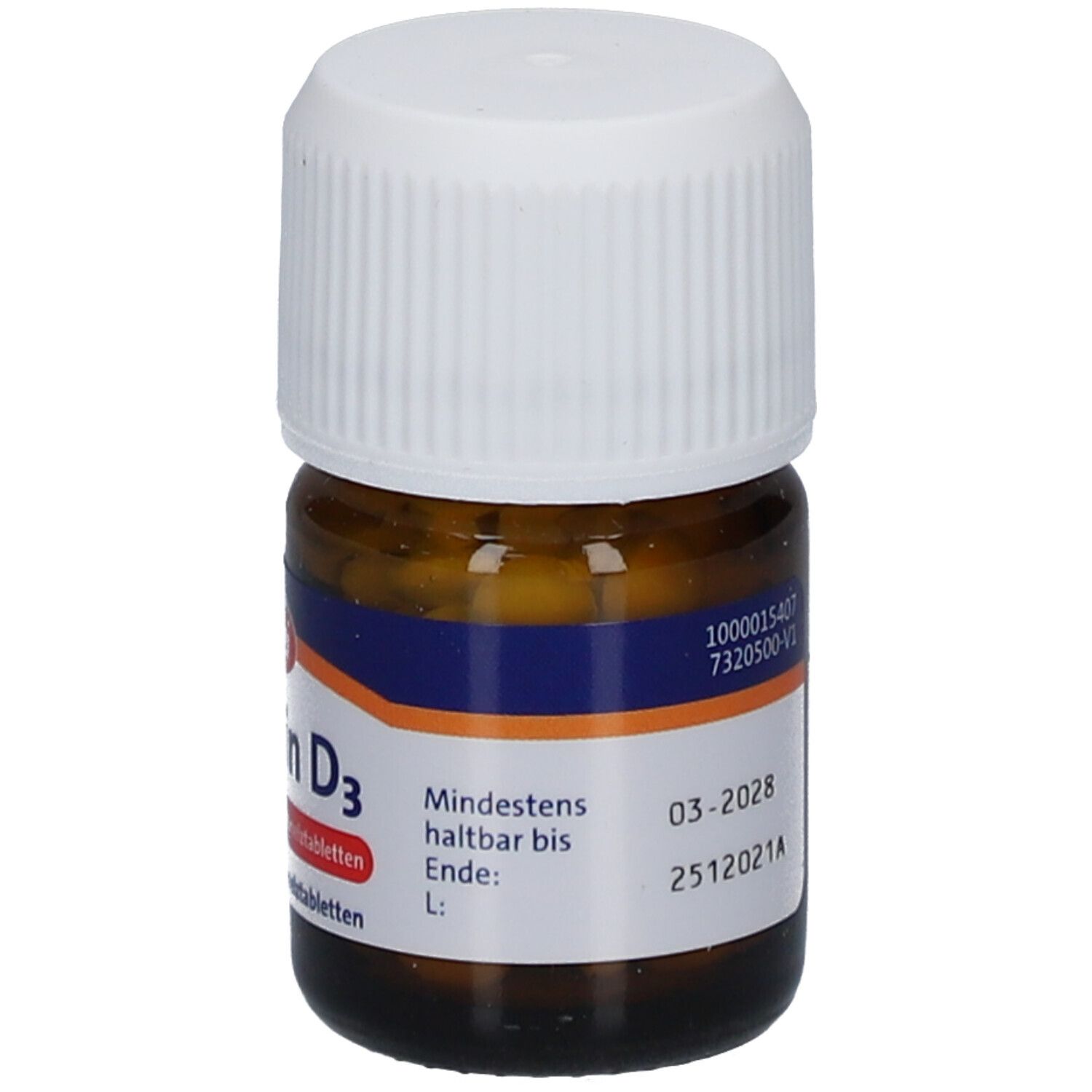 Braune Glasflasche mit weißem Deckel. Etikett mit Haltbarkeitsdatum.