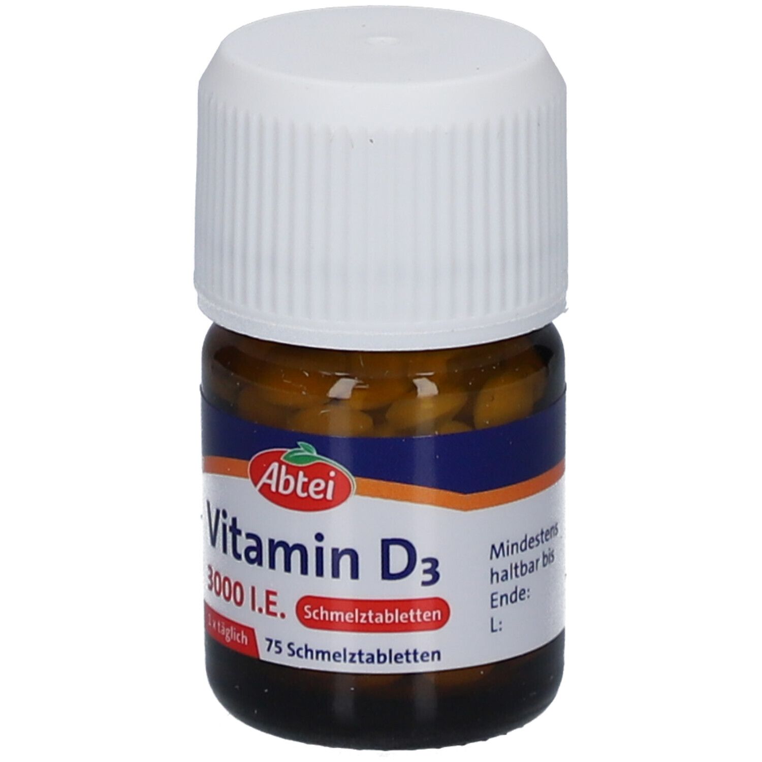 Braune Glasflasche mit weißem Deckel. Etikett mit "Abtei Vitamin D3 3000 I.E. Schmelztabletten".