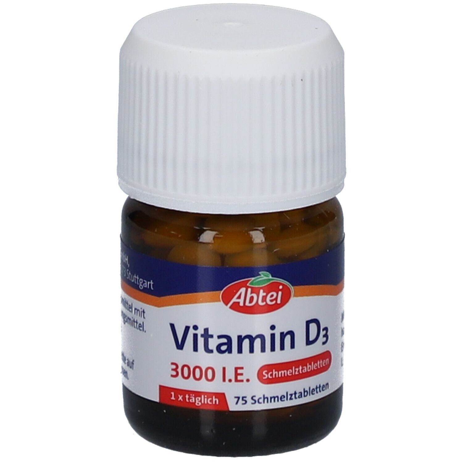 Braune Glasflasche mit weißem Deckel. Etikett mit "Abtei Vitamin D3 3000 I.E. Schmelztabletten".