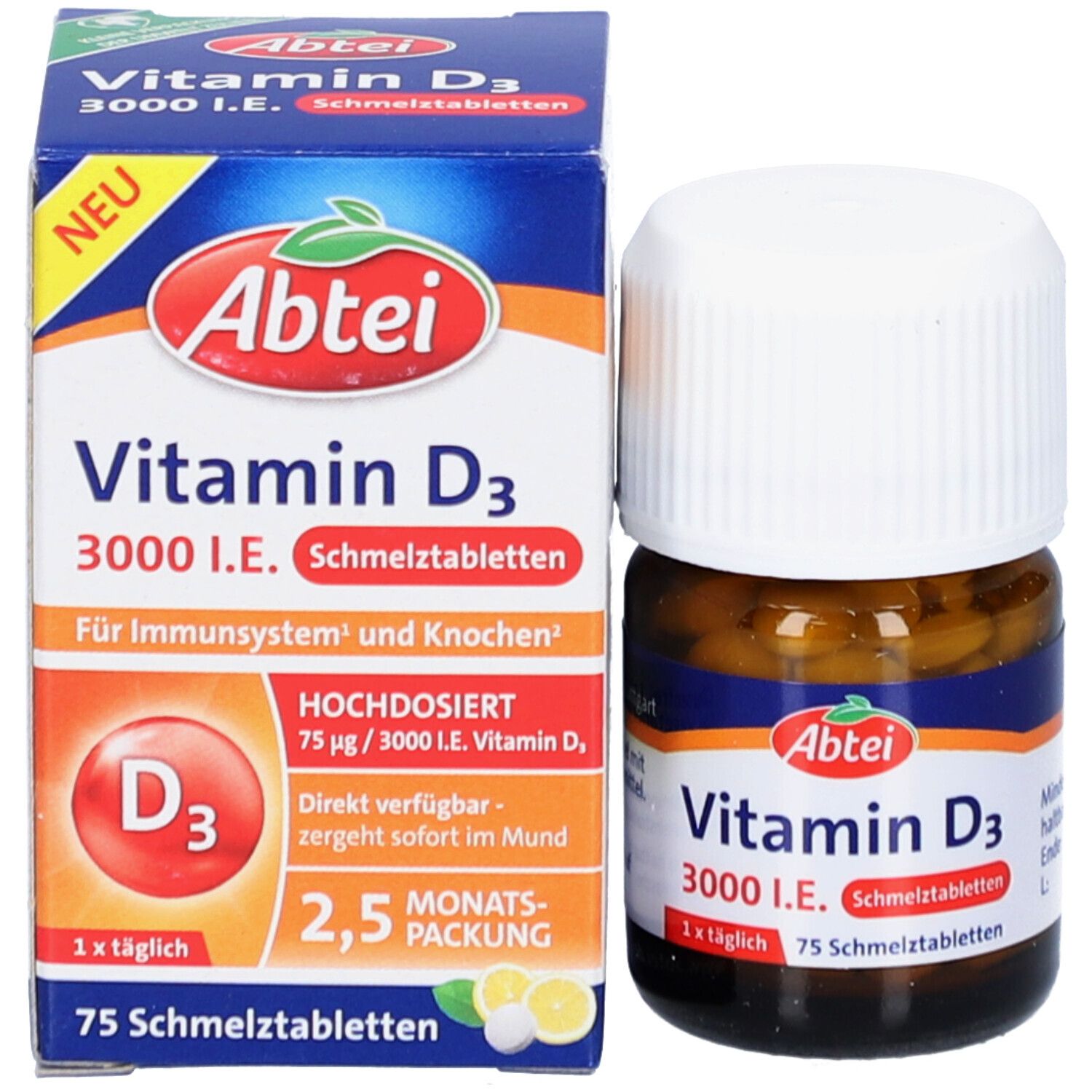 Produktverpackung und Flasche. Verpackung mit "Abtei Vitamin D3 3000 I.E.". Flasche daneben.