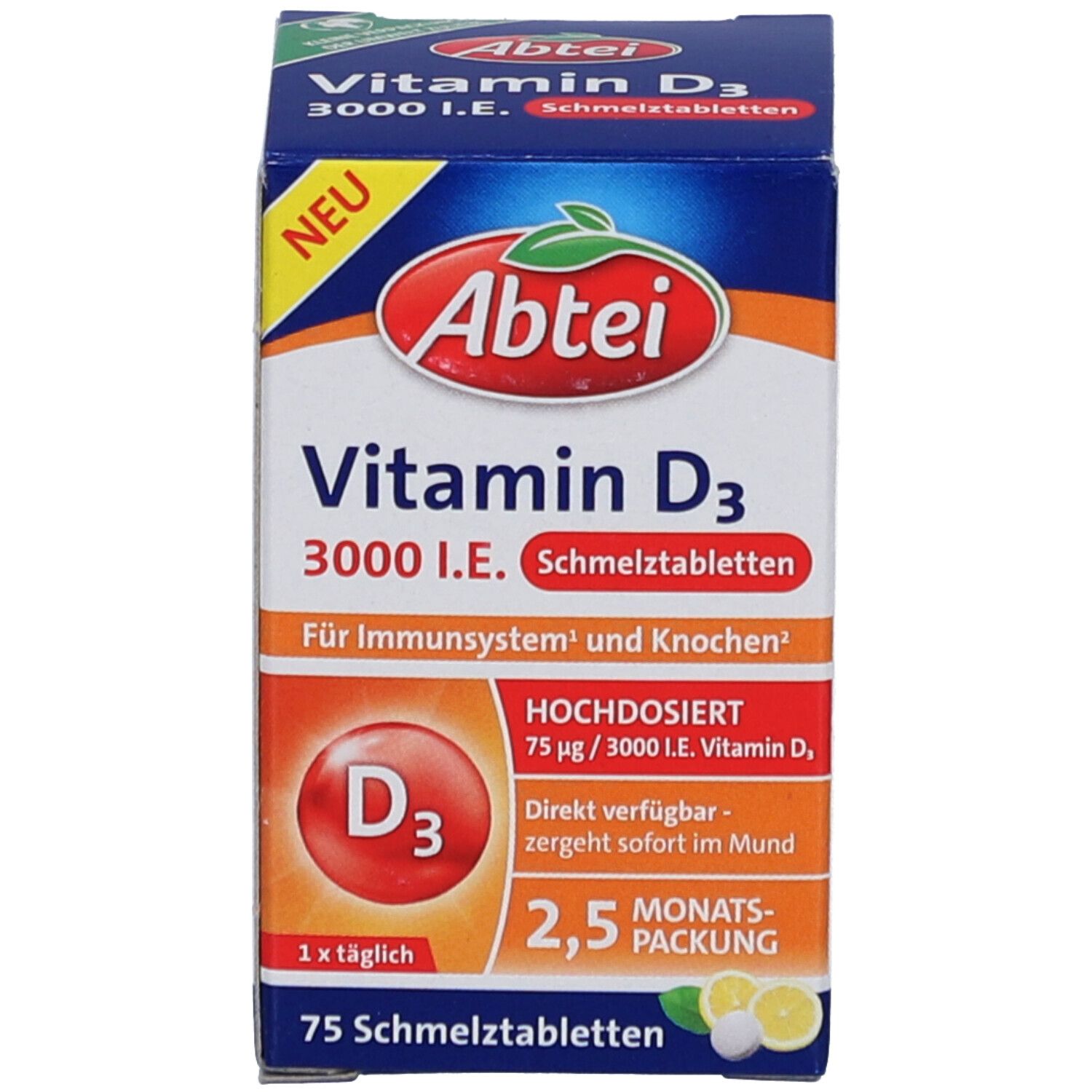 Produktverpackung mit "Abtei Vitamin D3 3000 I.E.". Blaue Verpackung mit Text und Logo.