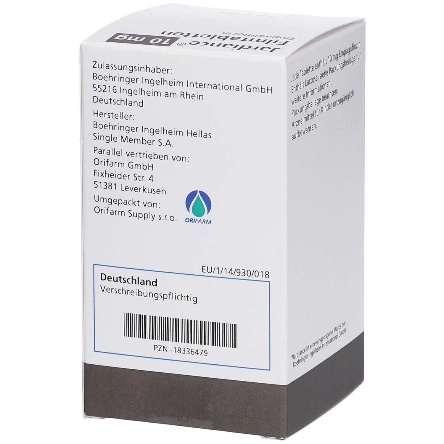 Rückseite der weißen Schachtel mit Hersteller- und Vertriebsinformationen. Enthält Barcode und Text: Verschreibungspflichtig.