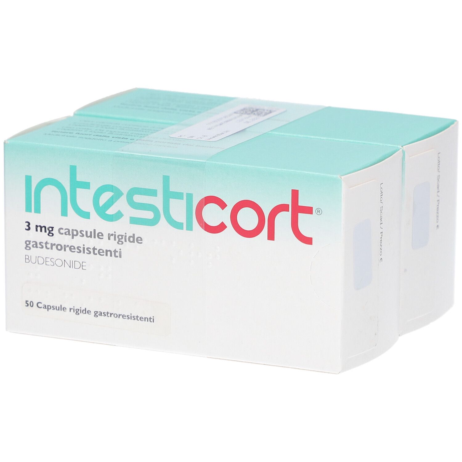 Verpackung von INTESTICORT 3 mg Kapseln. Hellblaue und weiße Schachtel mit roter Schrift. 50 Kapseln.