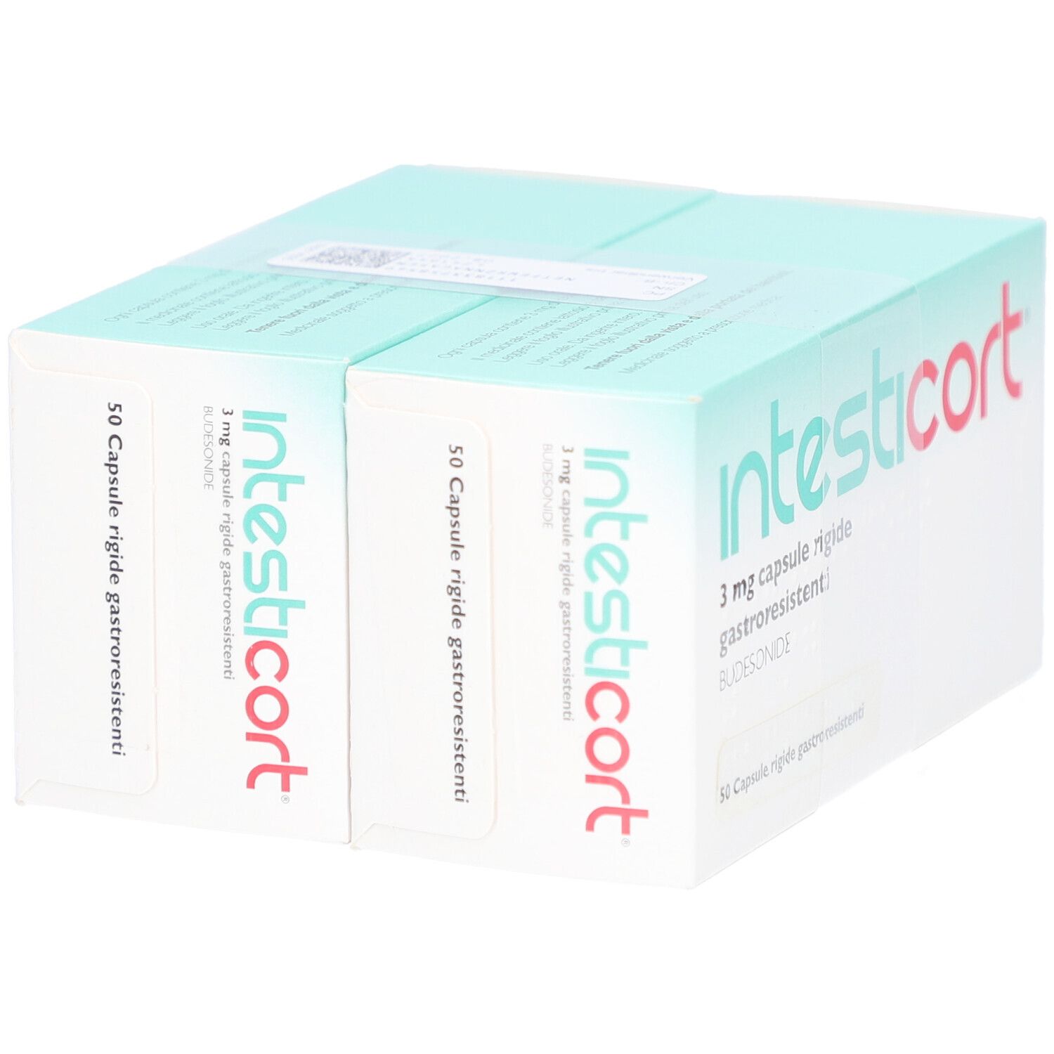 Zwei Packungen INTESTICORT 3 mg Kapseln. Hellblaue und weiße Schachteln mit roter Schrift. 50 Kapseln.