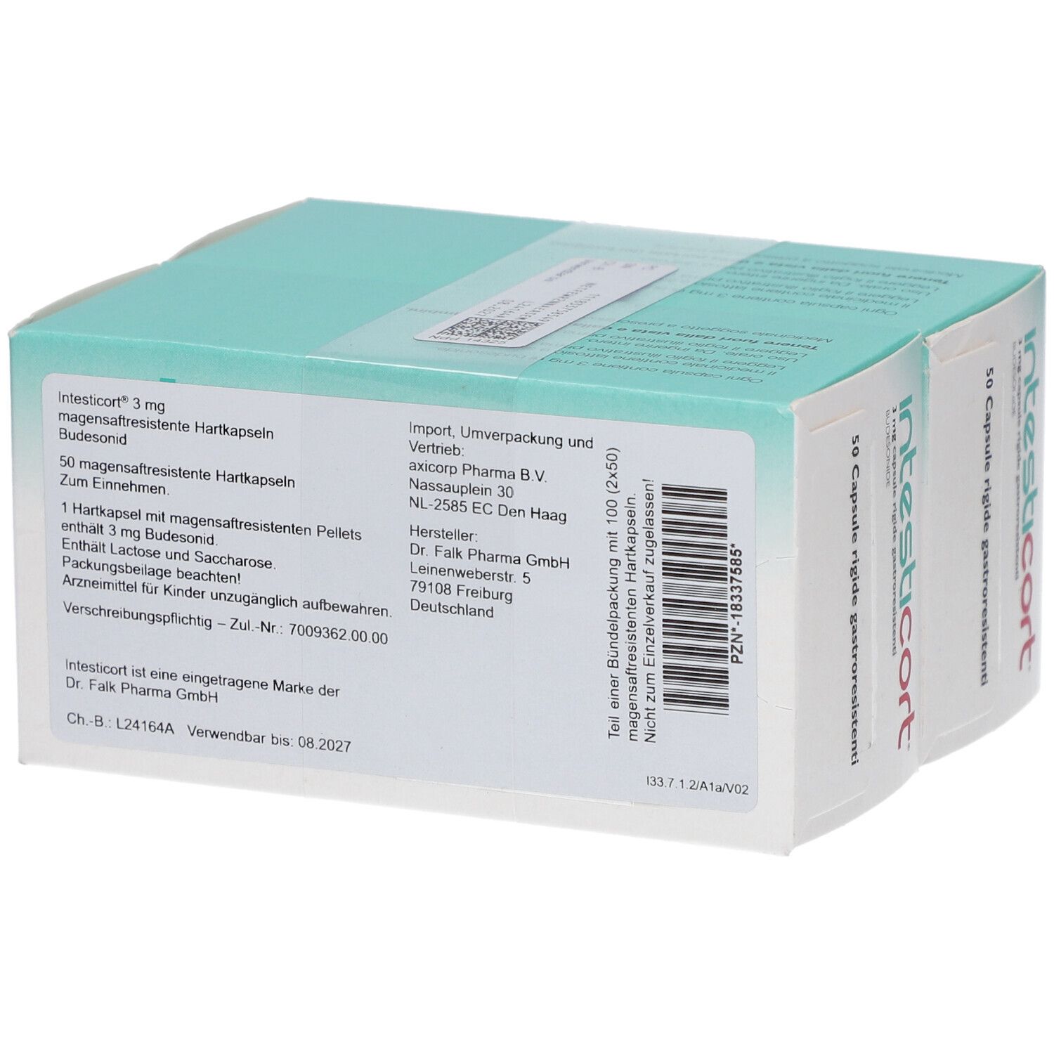 Verpackung von INTESTICORT 3 mg Kapseln. Hellblaue und weiße Schachtel mit roter Schrift. Details und Herstellerangaben.