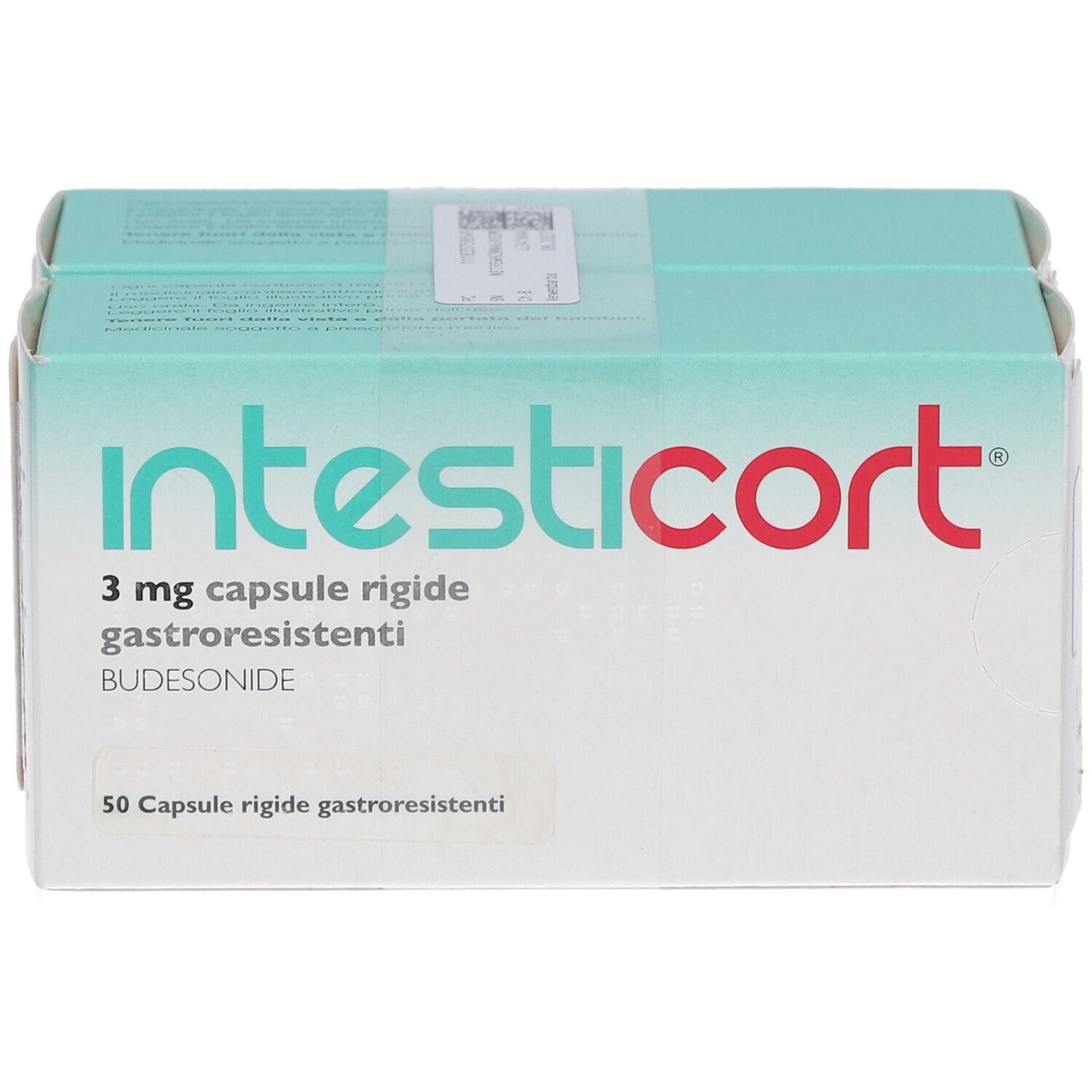 Verpackung von INTESTICORT 3 mg Kapseln. Hellblaue und weiße Schachtel mit roter Schrift. 50 Kapseln.