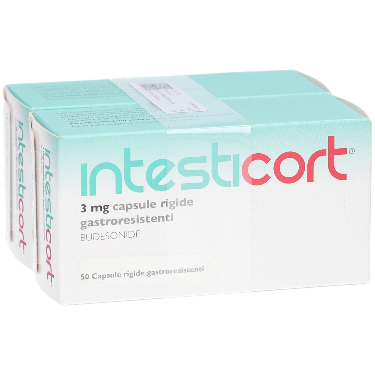 Zwei Packungen INTESTICORT 3 mg Kapseln. Hellblaue und weiße Schachteln mit roter Schrift. 50 Kapseln.
