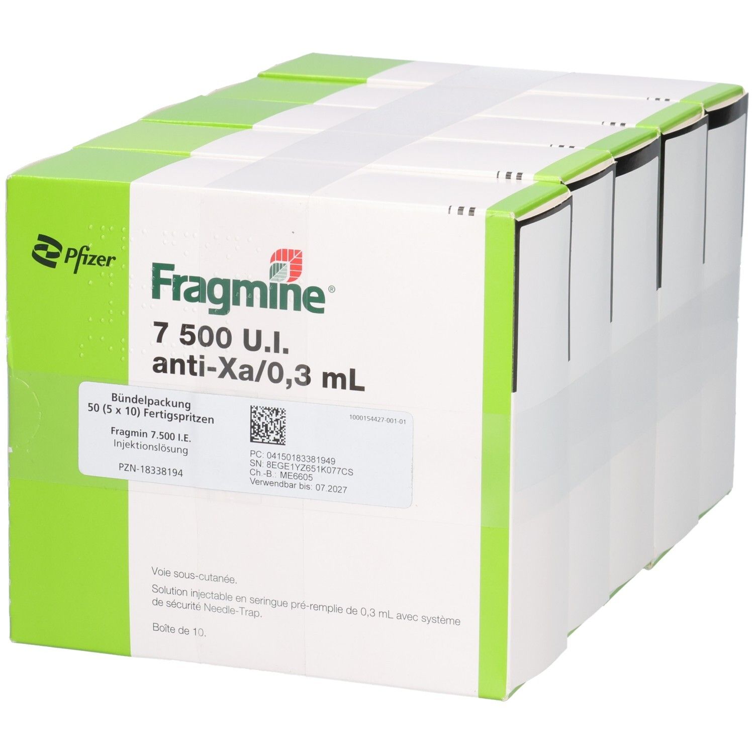 Packung mit 50 Fragmin 7.500 I.E. Fertigspritzen, 0,3 ml Injektionslösung.