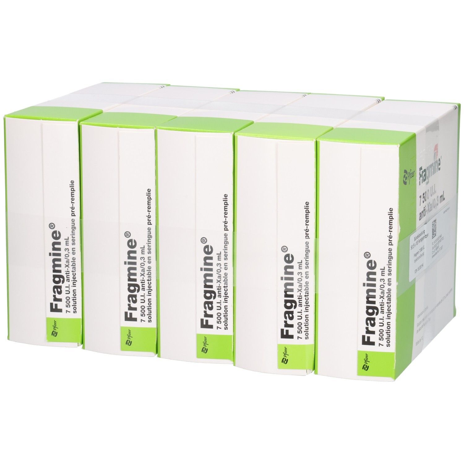 Sechs Packungen Fragmin 7.500 I.E. Fertigspritzen, 0,3 ml Injektionslösung, nebeneinander.
