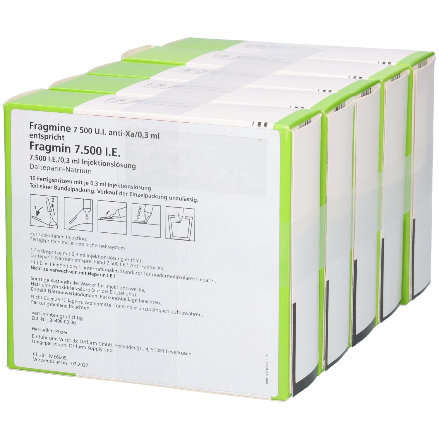 Rückseite einer Packung Fragmin 7.500 I.E. Fertigspritzen mit Anwendungshinweisen.