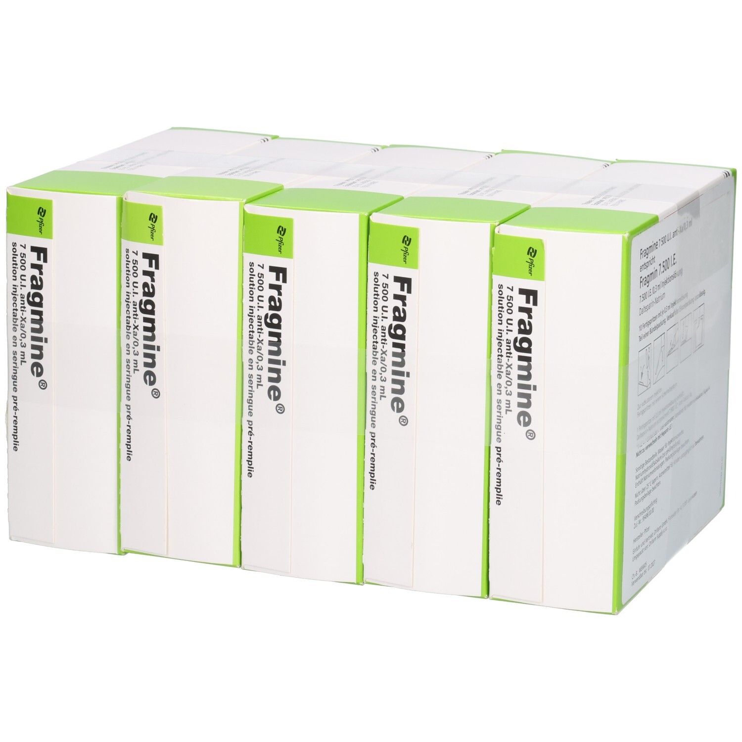 Fünf Packungen Fragmin 7.500 I.E. Fertigspritzen, 0,3 ml Injektionslösung, von der Seite.