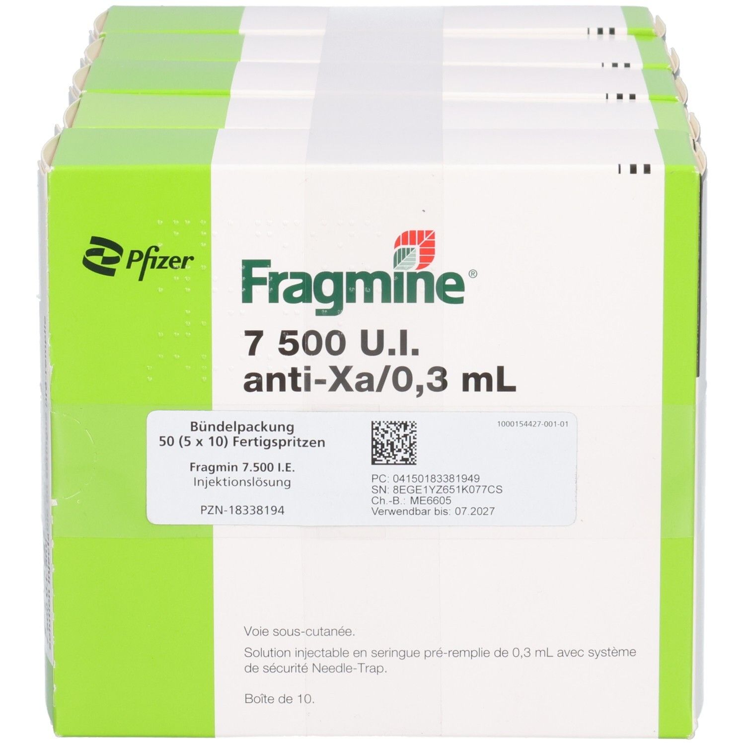 Vorderseite einer Packung Fragmin 7.500 I.E. Fertigspritzen mit Pfizer-Logo und Dosierung.