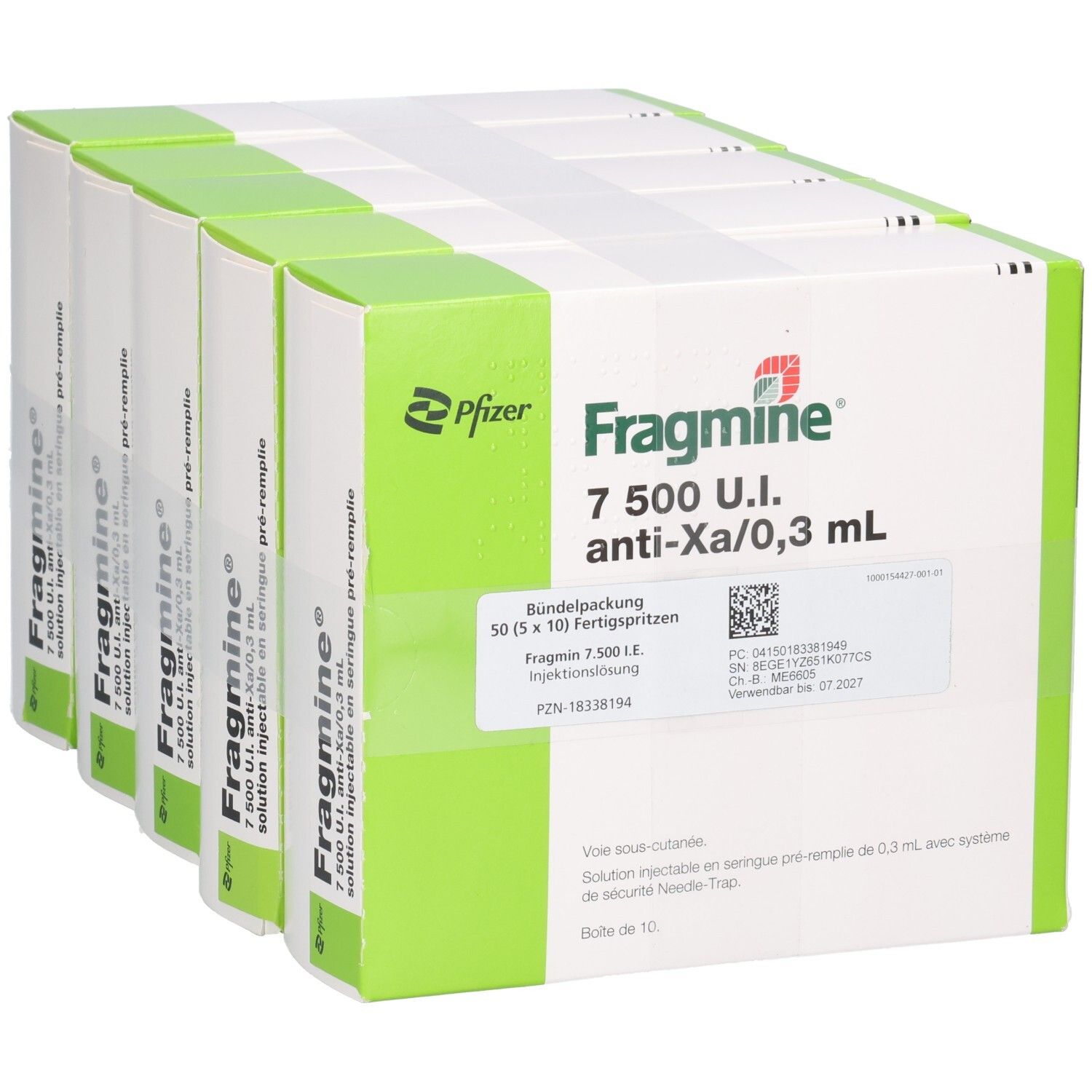 Packung mit 50 Fragmin 7.500 I.E. Fertigspritzen, 0,3 ml Injektionslösung, mit QR-Code.