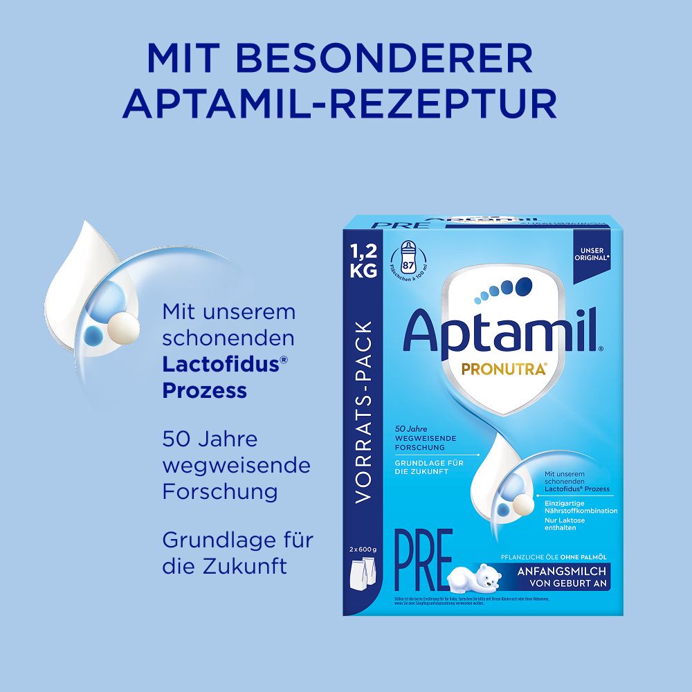 Aptamil® PRONUTRA PRE Packung. Blaue Verpackung mit Produktlogo und Text. 1,2 kg. Enthält 2 x 600g.