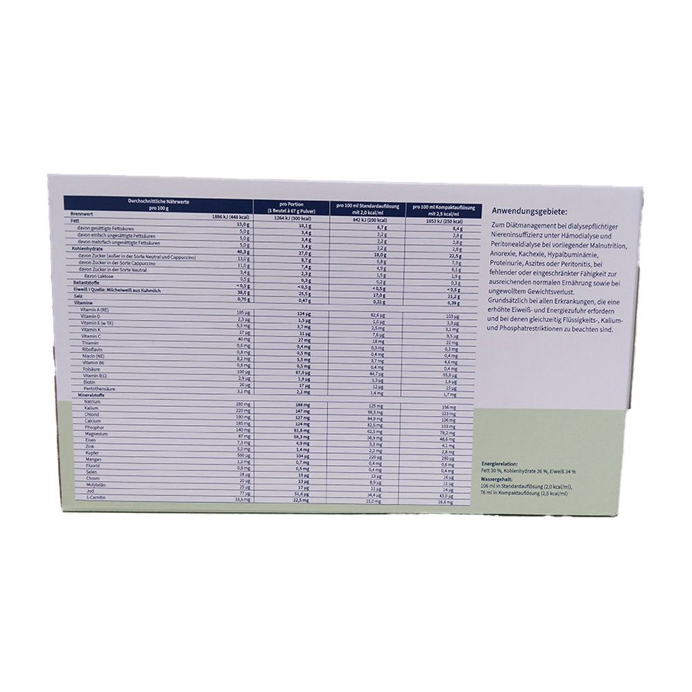 Rückseite der "restoric"-Verpackung mit Tabellen. Tabellen mit Nährwertangaben pro 100g und pro Portion. Text in deutscher Sprache.