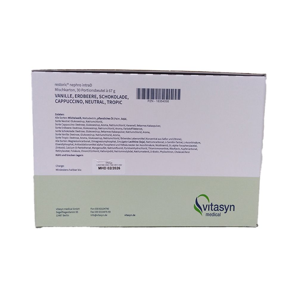 Rückseite der "restoric"-Verpackung mit Dosierungs- und Zubereitungshinweisen. Grafiken zeigen die Zubereitung. Text in deutscher Sprache.