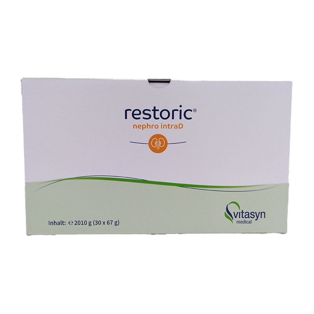 Weiße Kartonverpackung mit Produktnamen und Logo. Grüne Zierleiste. Aufdruck: restoric nephro intraD, Vitasyn medical.