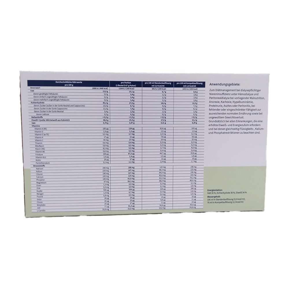 Rückseite der Kartonverpackung. Tabellarische Nährwertangaben und Anwendungshinweise. Grüner Zierstreifen.