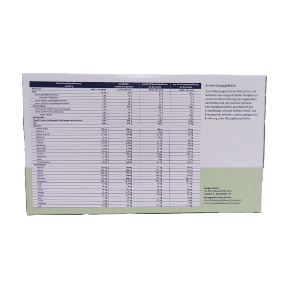 Rückseite der Produktverpackung mit Tabellen. Enthält Nährwertangaben und Anwendungshinweise.